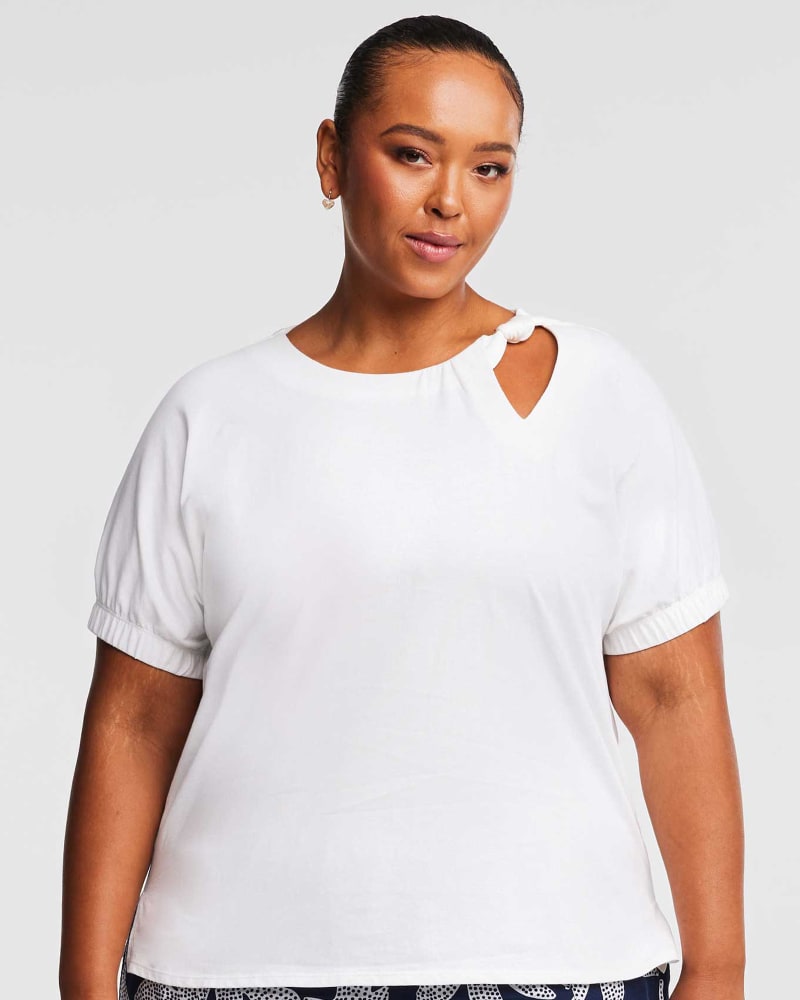 Front of a model wearing a size 20W Knot Detail Top in Milk by Estelle. | dia_product_style_image_id:349829